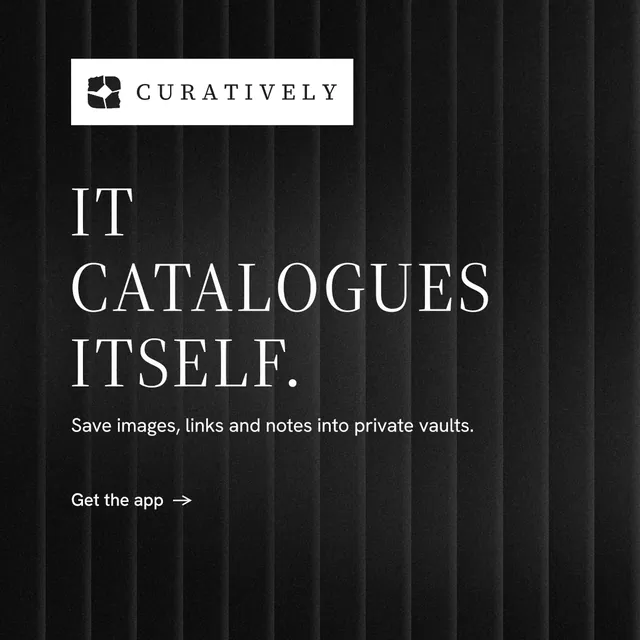 Instagram post for Curatively: "It catalogues itself." Minimal luxury style, announce layout, dark palette in black, grey.