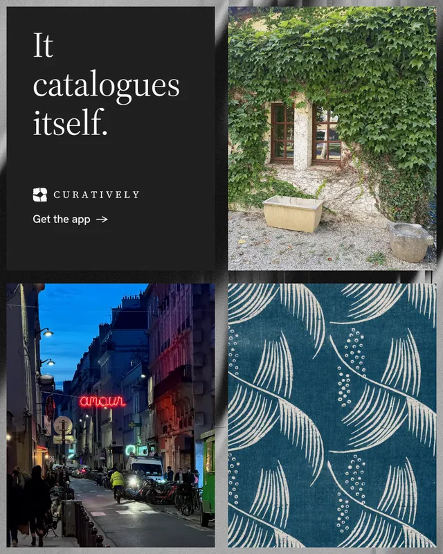 Instagram portrait post for Curatively: "It catalogues itself." Minimal luxury style, collage layout, dark palette in black, grey, blue.