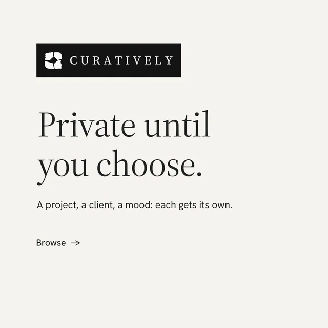 Instagram post for Curatively: "Private until you choose." Minimal luxury style, announce layout, light palette in white.
