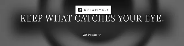 LinkedIn banner for Curatively: "Keep what catches your eye." Minimal luxury style, centred layout, dark palette in grey, black.