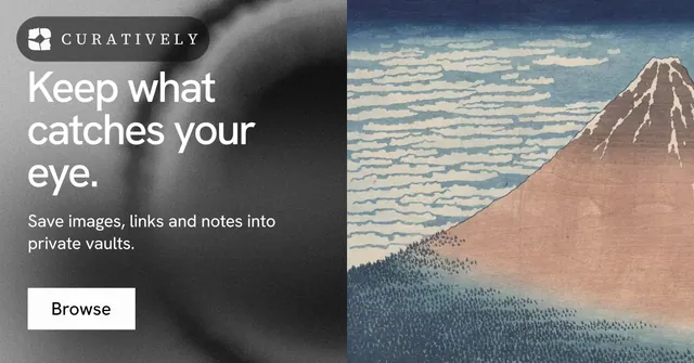 Social ad for Curatively: "Keep what catches your eye." Swiss style, bottom layout, light palette in black, grey.