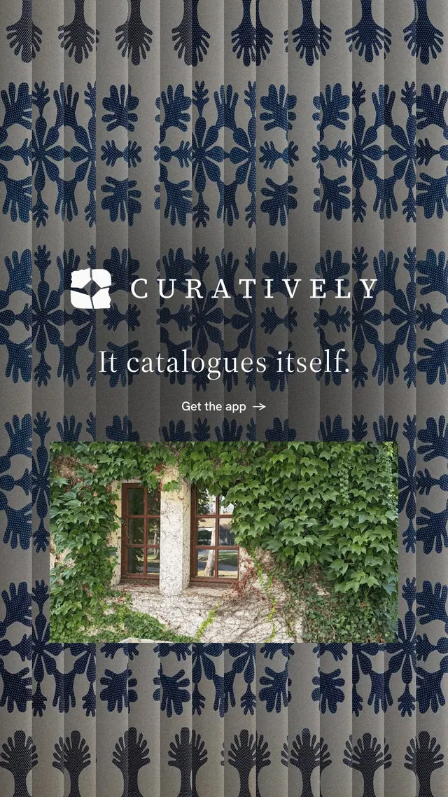 Instagram story for Curatively: "It catalogues itself." Minimal luxury style, logo hero layout, dark palette in grey, blue.