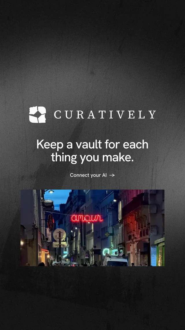 Instagram story for Curatively: "Keep a vault for each thing you make." Minimal luxury style, logo hero layout, dark palette in black, grey.