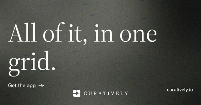 Social ad for Curatively: "All of it, in one grid." Minimal luxury style, poster layout, dark palette in grey, black.