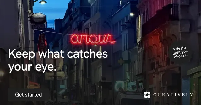 Social ad for Curatively: "Keep what catches your eye." Swiss style, sticker layout, dark palette in black, red, grey.