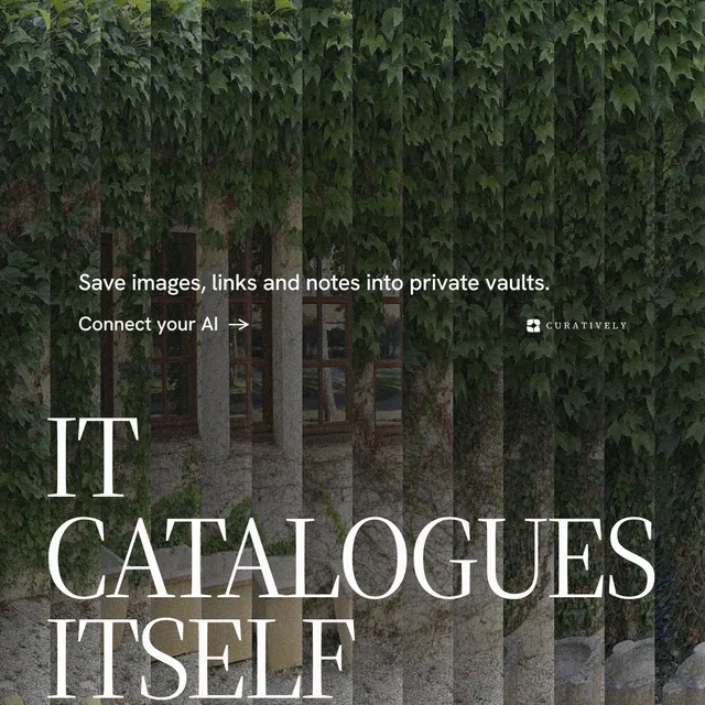 Instagram post for Curatively: "It catalogues itself." Minimal luxury style, oversized layout, dark palette in black, grey, green.
