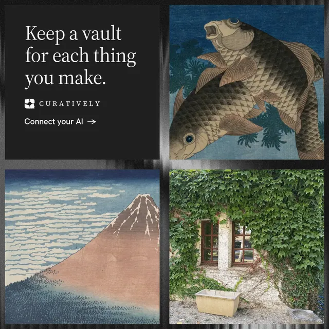 Instagram post for Curatively: "Keep a vault for each thing you make." Minimal luxury style, collage layout, dark palette in black, grey.