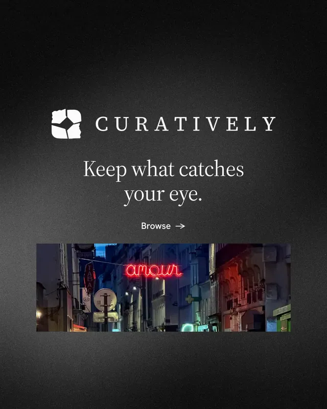 Instagram portrait post for Curatively: "Keep what catches your eye." Minimal luxury style, logo hero layout, dark palette in black, grey.