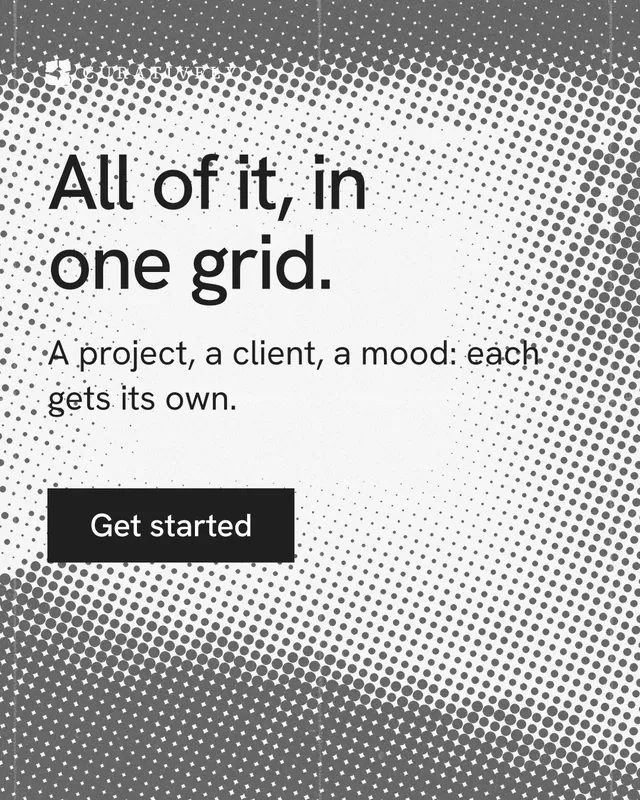 Instagram portrait post for Curatively: "All of it, in one grid." Swiss style, skeleton layout, light palette in grey, white.
