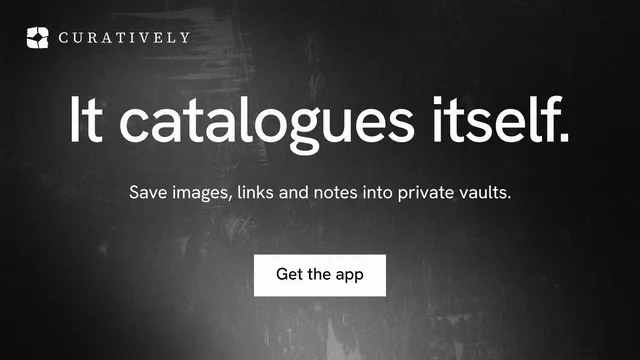 Landscape graphic for Curatively: "It catalogues itself." Swiss style, centred layout, dark palette in black, grey.