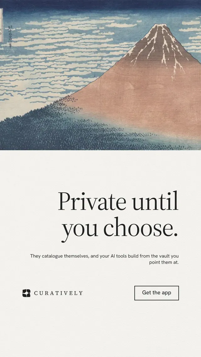 Instagram story for Curatively: "Private until you choose." Editorial style, right layout, light palette in white, grey.