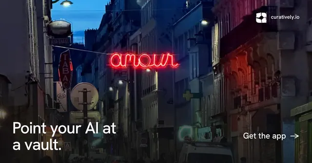 Social ad for Curatively: "Point your AI at a vault." Minimal luxury style, image led layout, dark palette in black, pink, grey.