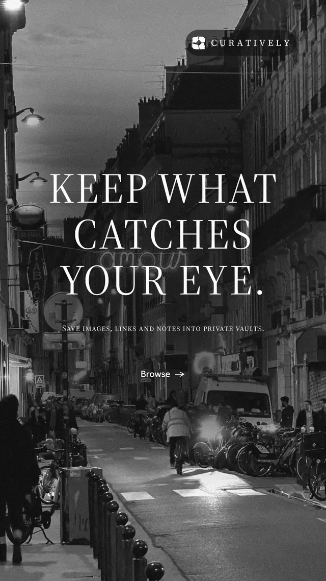 Instagram story for Curatively: "Keep what catches your eye." Minimal luxury style, smallcaps layout, dark palette in grey, black.