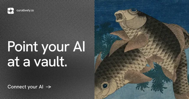 Social ad for Curatively: "Point your AI at a vault." Minimal luxury style, bottom layout, dark palette in grey, black, blue.