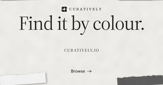 Social ad for Curatively: "Find it by colour." Editorial style, smallcaps layout, light palette in white, grey.