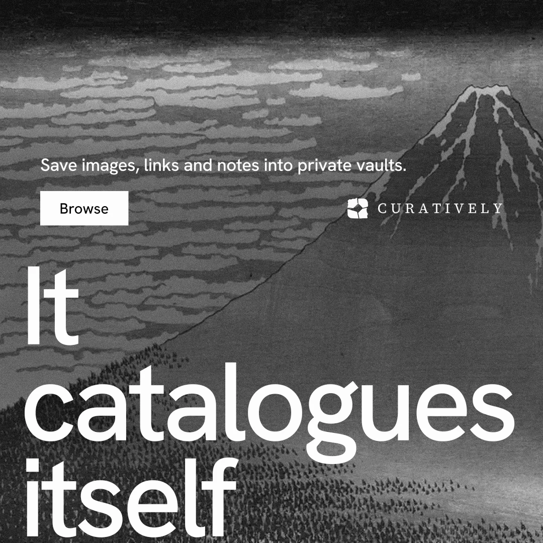 Instagram post for Curatively: "Keep a vault for each thing you make." Swiss style, oversized layout, dark palette in grey, black.