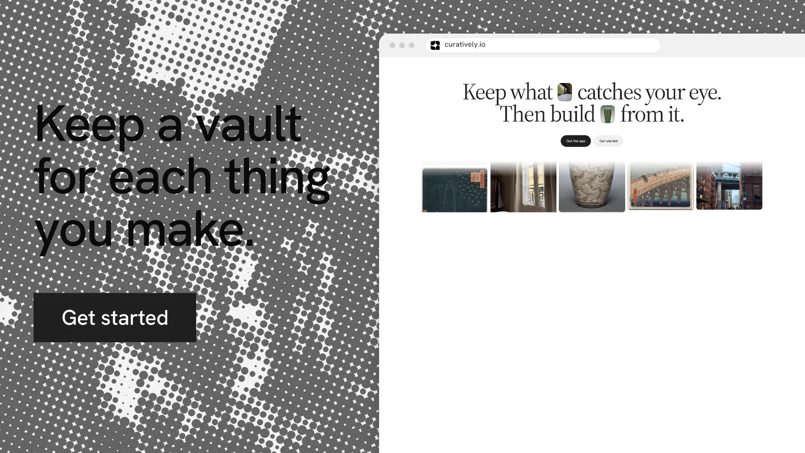 Landscape graphic for Curatively: "Keep a vault for each thing you make." Swiss style, browser layout, light palette in white, grey.