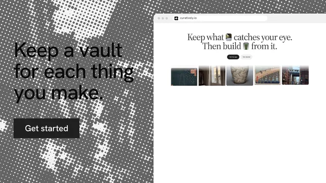 Landscape graphic for Curatively: "Keep a vault for each thing you make." Swiss style, browser layout, light palette in white, grey.
