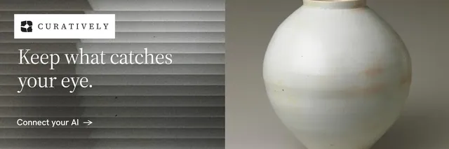 X header for Curatively: "Keep what catches your eye." Minimal luxury style, bottom layout, light palette in grey, white.