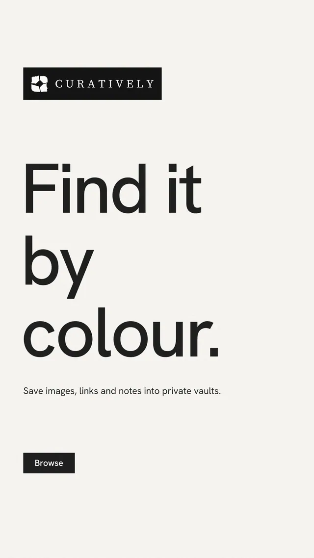 Instagram story for Curatively: "Find it by colour." Swiss style, announce layout, light palette in white, grey.