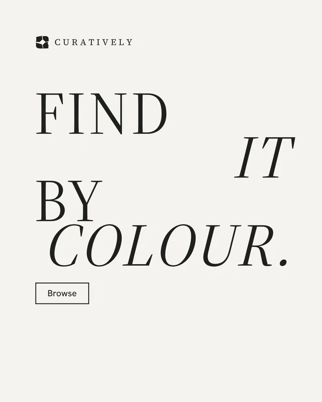 Instagram portrait post for Curatively: "Find it by colour." Editorial style, stacked layout, light palette in white, grey.