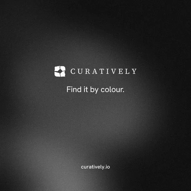 Instagram post for Curatively: "Find it by colour." Minimal luxury style, end card layout, dark palette in black, grey.