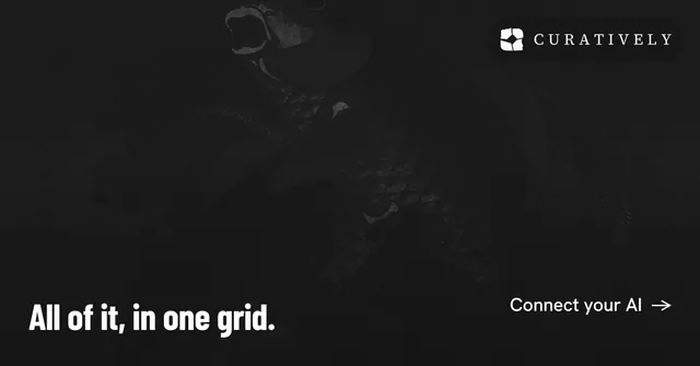 Social ad for Curatively: "All of it, in one grid." Retro print style, image led layout, dark palette in black.