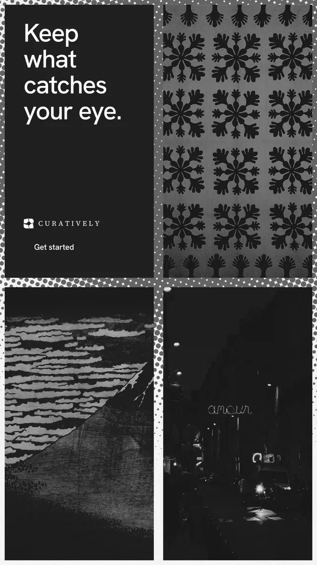Instagram story for Curatively: "Keep what catches your eye." Retro print style, collage layout, dark palette in black, grey.