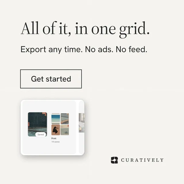 Instagram post for Curatively: "All of it, in one grid." Editorial style, skeleton layout, light palette in white, grey.