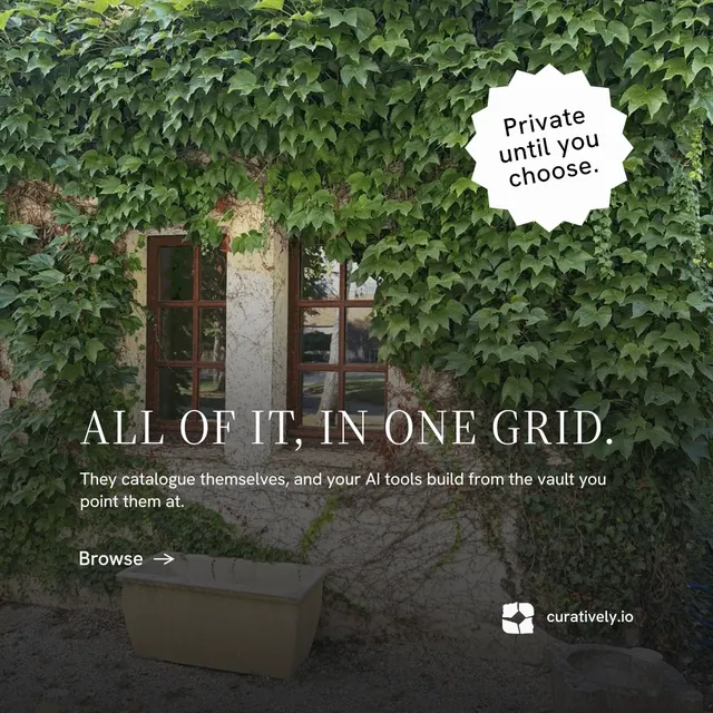 Instagram post for Curatively: "All of it, in one grid." Minimal luxury style, sticker layout, dark palette in black, green, grey.