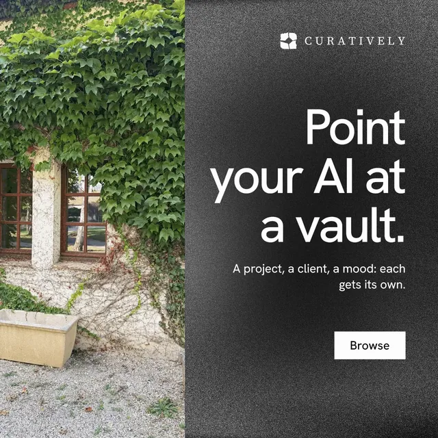 Instagram post for Curatively: "Point your AI at a vault." Swiss style, right layout, dark palette in grey, black.