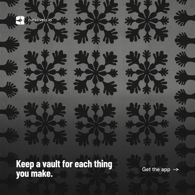 Instagram post for Curatively: "Keep a vault for each thing you make." Retro print style, image led layout, dark palette in black, grey.