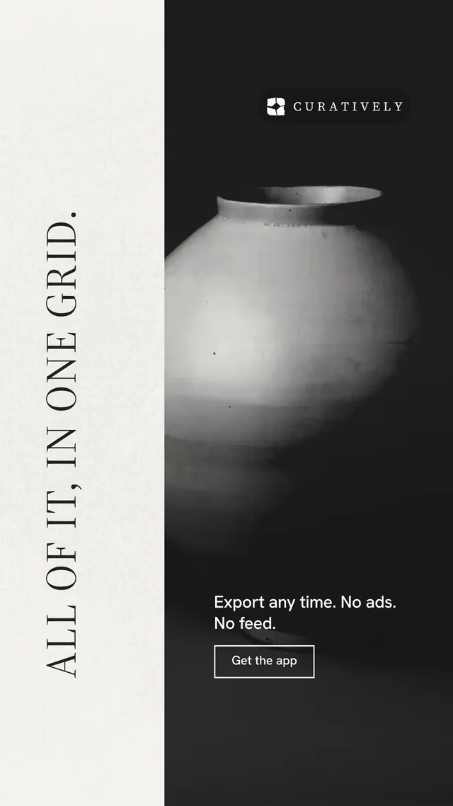 Instagram story for Curatively: "All of it, in one grid." Editorial style, vertical layout, light palette in black, white, grey.