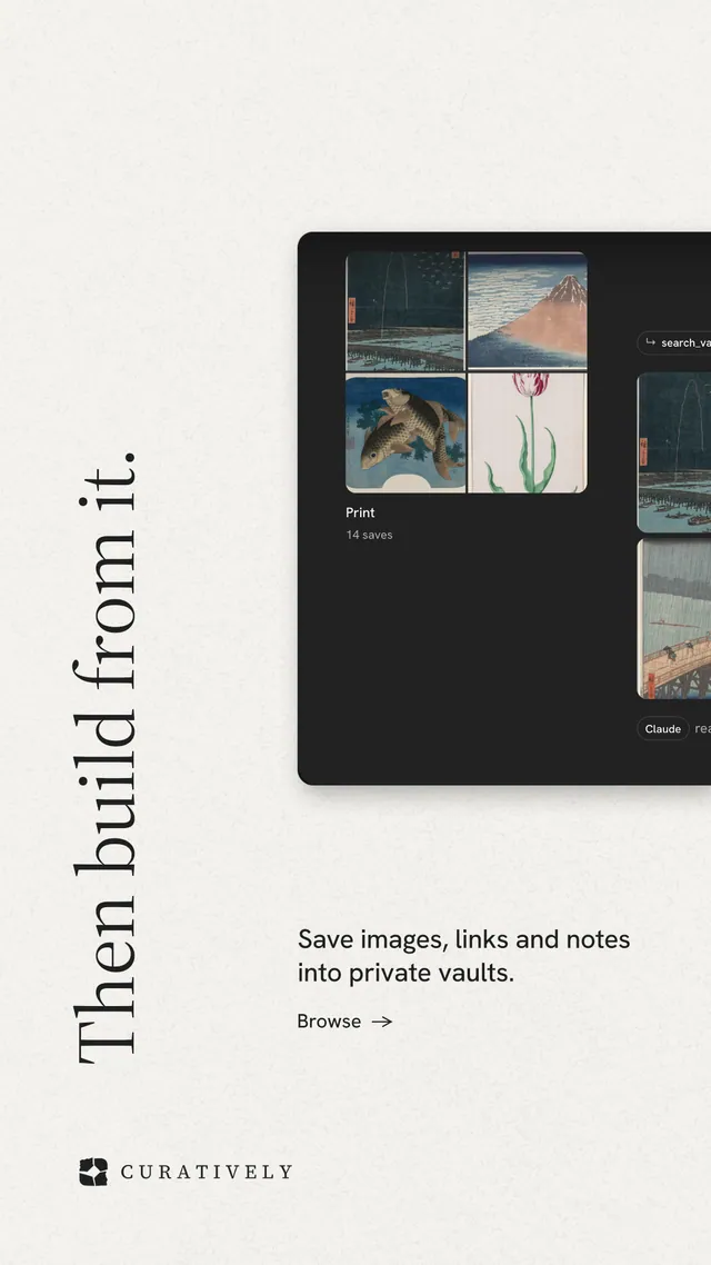 Instagram story for Curatively: "Then build from it." Minimal luxury style, vertical layout, light palette in white, black, grey.