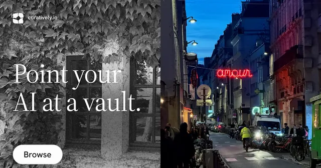 Social ad for Curatively: "Point your AI at a vault." Photo poster style, bottom layout, dark palette in grey, black, blue.