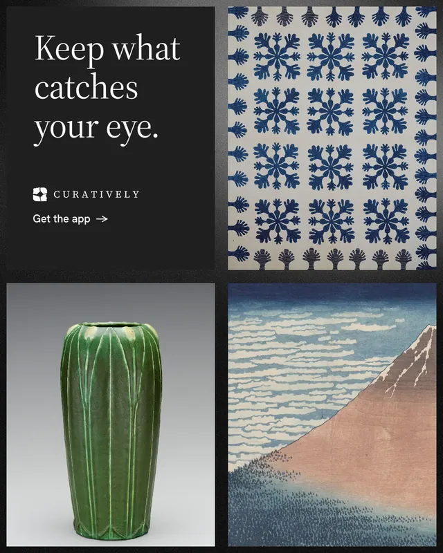Instagram portrait post for Curatively: "Keep what catches your eye." Minimal luxury style, collage layout, dark palette in black, grey.