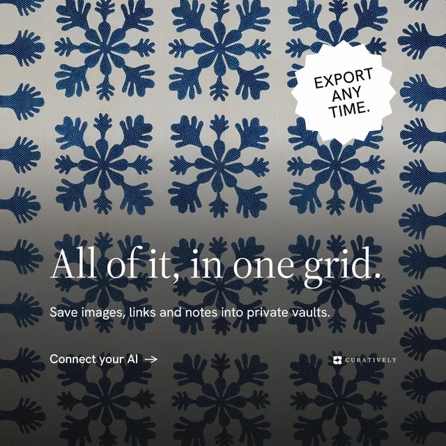Instagram post for Curatively: "All of it, in one grid." Minimal luxury style, sticker layout, dark palette in grey, black.