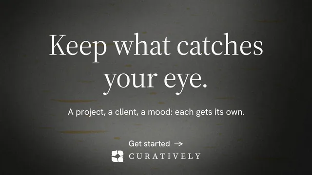 Landscape graphic for Curatively: "Keep what catches your eye." Minimal luxury style, centred layout, dark palette in black, grey.