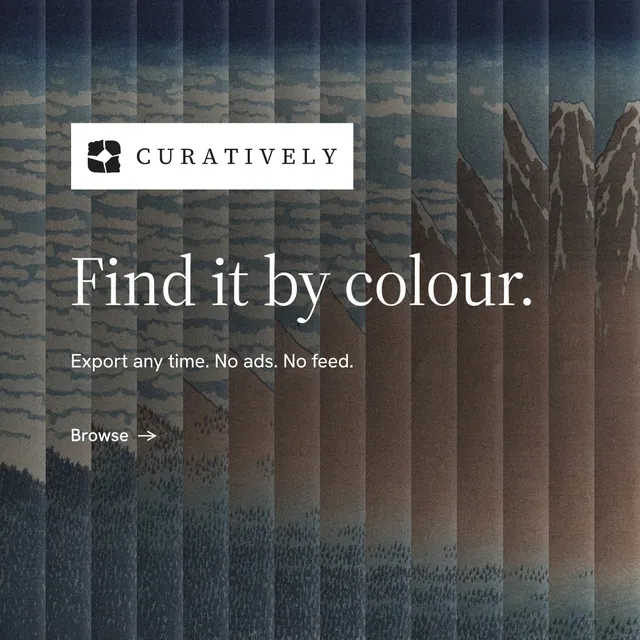 Instagram post for Curatively: "Find it by colour." Minimal luxury style, announce layout, dark palette in grey, black.