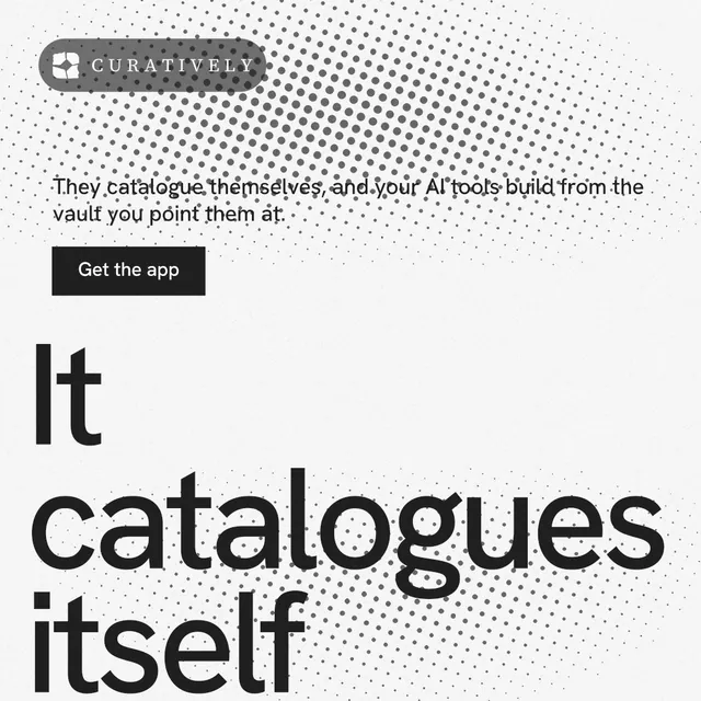 Instagram post for Curatively: "Find it by colour." Swiss style, oversized layout, light palette in white, grey.