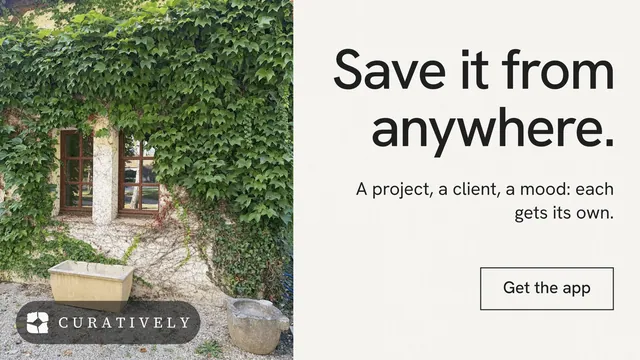 Landscape graphic for Curatively: "Save it from anywhere." Editorial style, right layout, light palette in green, white, grey.