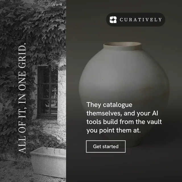 Instagram post for Curatively: "All of it, in one grid." Editorial style, vertical layout, dark palette in black, grey.