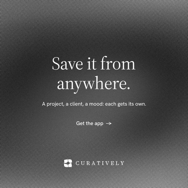 Instagram post for Curatively: "Save it from anywhere." Minimal luxury style, centred layout, dark palette in black, grey.