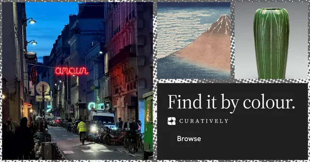 Social ad for Curatively: "Find it by colour." Split block style, collage layout, dark palette in black, grey.