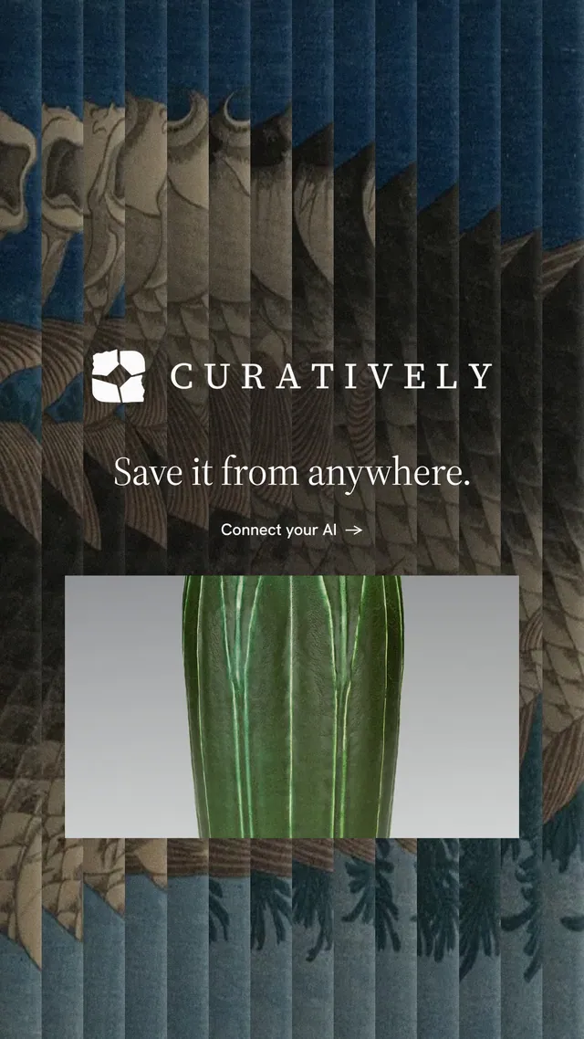 Instagram story for Curatively: "Save it from anywhere." Minimal luxury style, logo hero layout, dark palette in black, grey.