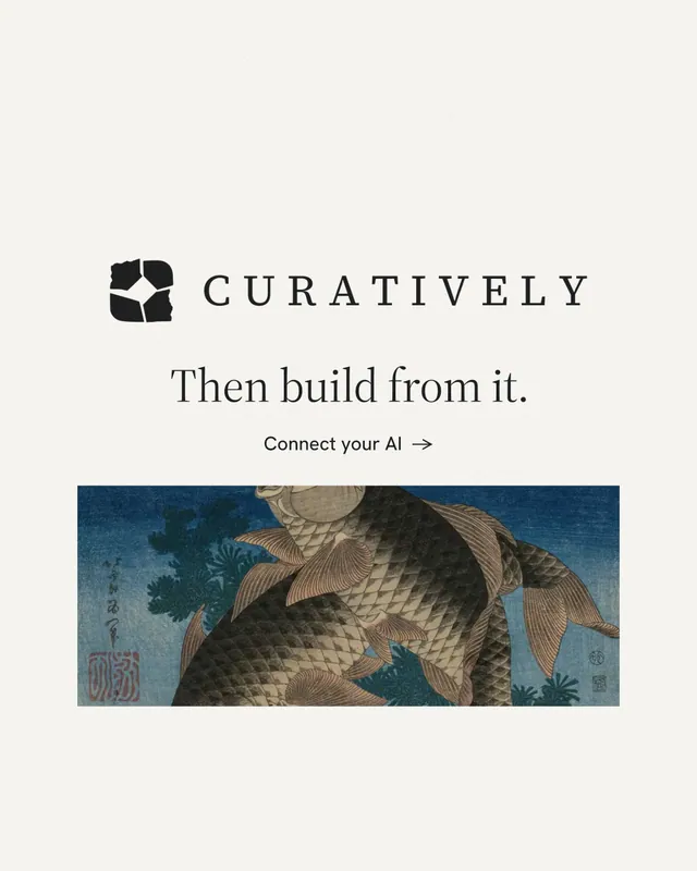 Instagram portrait post for Curatively: "Then build from it." Minimal luxury style, logo hero layout, light palette in white, grey.