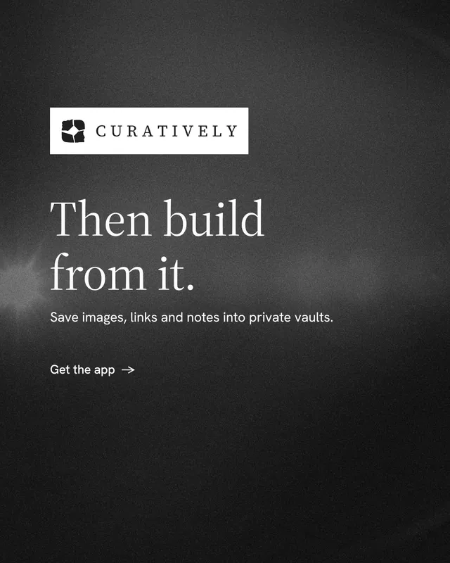 Instagram portrait post for Curatively: "Then build from it." Minimal luxury style, announce layout, dark palette in black, grey.