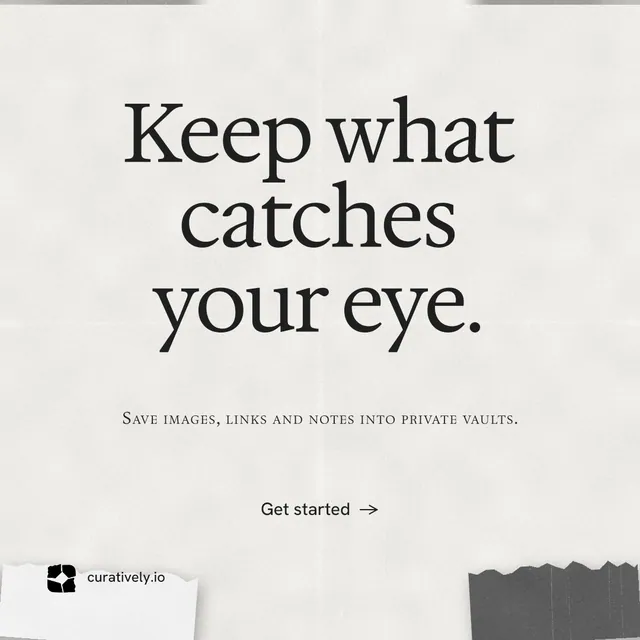 Instagram post for Curatively: "Keep what catches your eye." Swiss style, smallcaps layout, light palette in white, grey.