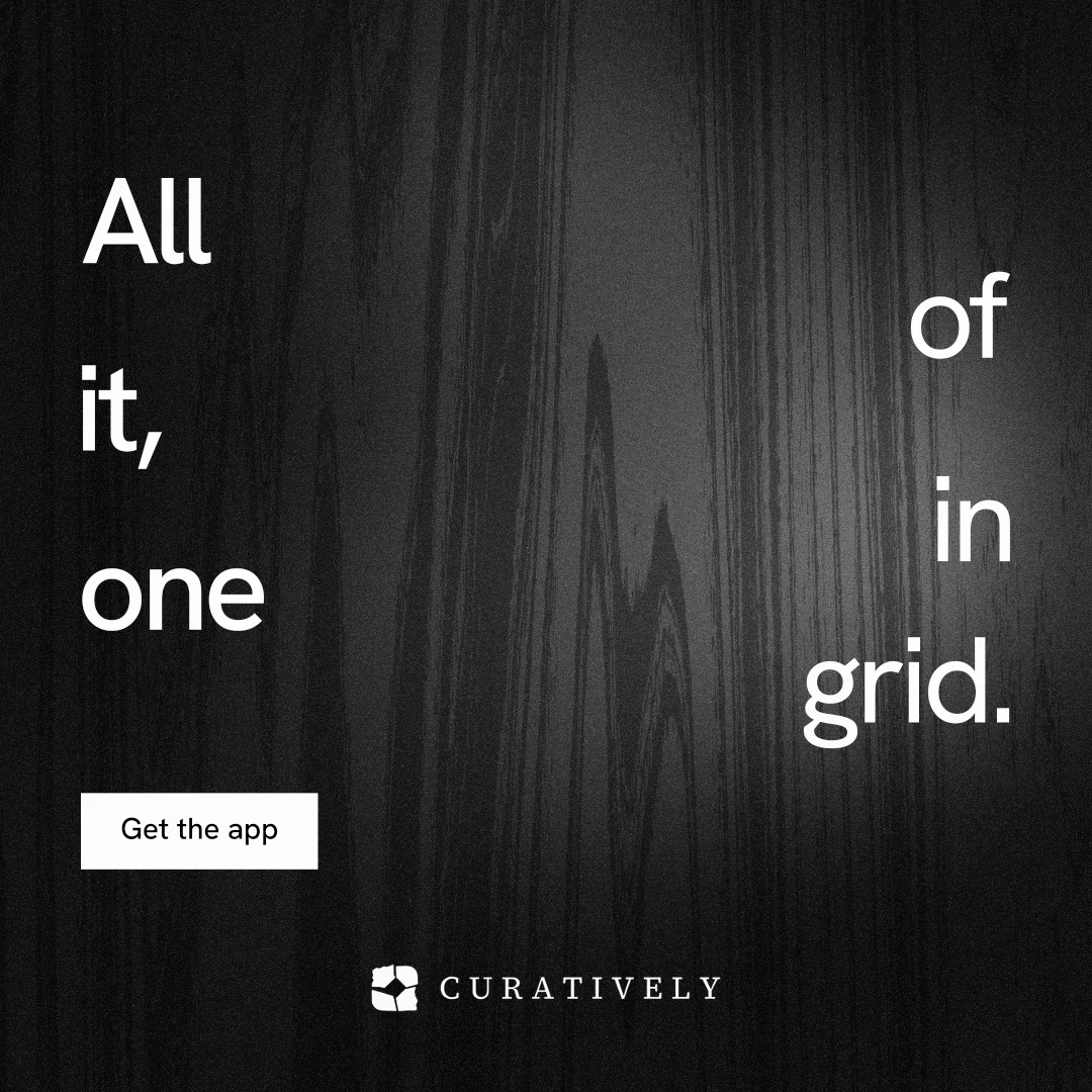 Instagram post for Curatively: "All of it, in one grid." Swiss style, stacked layout, dark palette in black, grey.