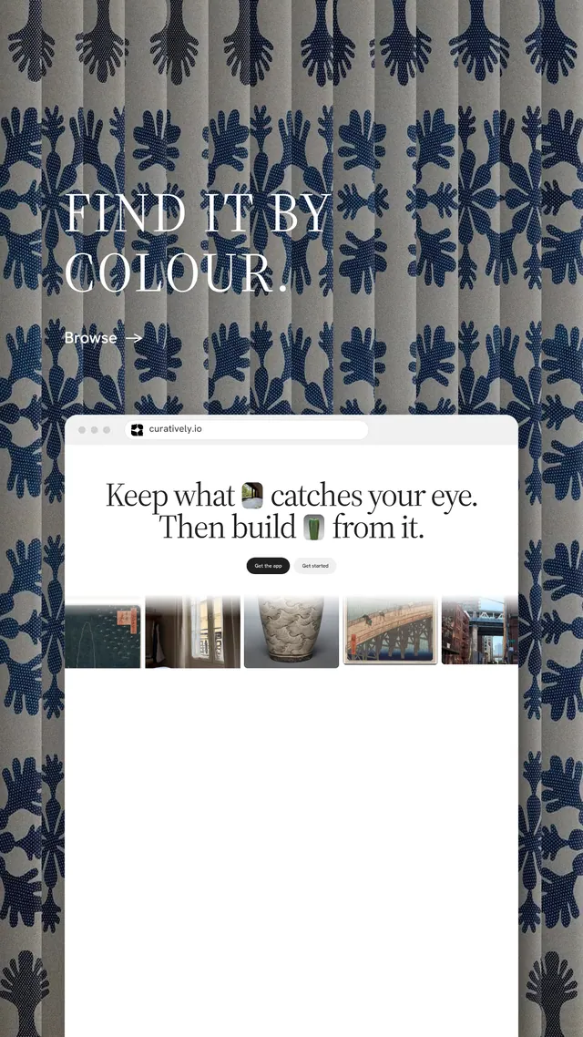 Instagram story for Curatively: "Find it by colour." Minimal luxury style, browser layout, light palette in grey, white.